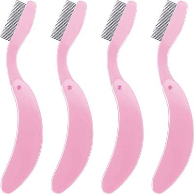 China Flat Brush Folding Eyelash Comb, Stainless Steel Metal Teeth Eyebrow Separator Comb Wick and Brow Makeup Applicator Brush for sale