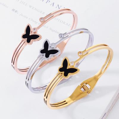 China Fashionable Korean Sensitive Black Butterfly Personality Direct Selling Butterfly Gold Plated Shell Wristband Zircon Titanium Bangle for sale