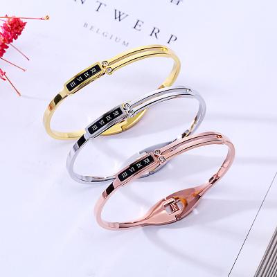 China TRENDY Fashion Stretching Roman Numerals Diamond Titanium Steel Two Tone Hypoallergenic Gold Plated Bangle Bracelet Open Bangle for sale