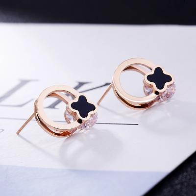 China Hot Selling Trendy Lucky Clover Sterling Earrings Minimalist Design 4 Leaf Round Hypoallergenic Stainless Steel Zircon Jewelry for sale