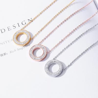 China Wholesale Korean Style TRENDY Round Hollow Inlaid Zircon Necklace Stainless Steel Jewelry Women Hypoallergenic Gold Plated Jewelry for sale