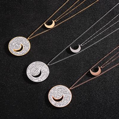 China FASHIONABLE Good Quality Curved Korean Sensitive Hypoallergenic Pendant Stainless Steel Round Moon and Sun Zircon Double Layer Necklace for sale