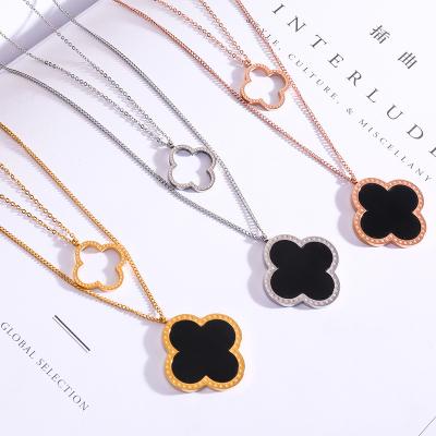 China FASHIONABLE Lucky Clover Double Zircon Clavicle Necklace Exquisite Hot Sale Korea Stainless Steel Four Leaf Clover Hypoallergenic Pendant for sale