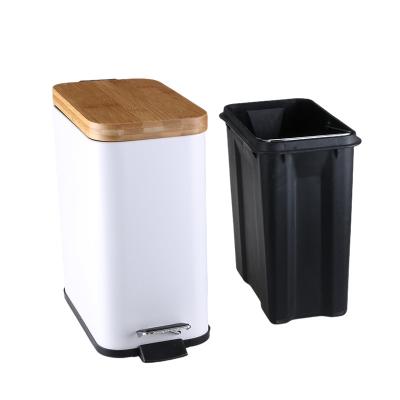 China Sustainable Bamboo Surface Treatment Black Rectangular Slim Trash Can With Lid Soft Narrow Lid Small Bathroom Trash Can for sale