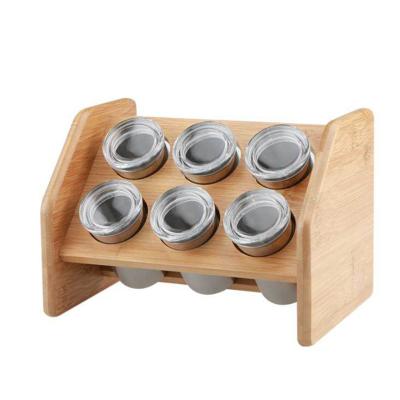 China Factory Wholesale 6 Jars Kitchen Stainless Steel Wooden Spice Rack Holder Set Seasoning Jar Condiment Serving Set for sale