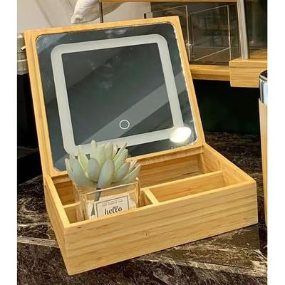 China JD-BR245 LED lighted cosmetic mirror, 20x20x5cm, bamboo box for sale