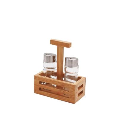 China Sustainable bamboo rack with glass jar of salt and pepper for sale