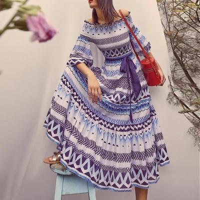 China New Summer Dress New Temperament One Word Anti-static Fashionable Neck Printing Big Swing Holiday Dress for sale