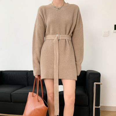 China autumn women's parride knitted dress solid color round neck short sleeve waist knit sweater short section was thin and temperament for sale