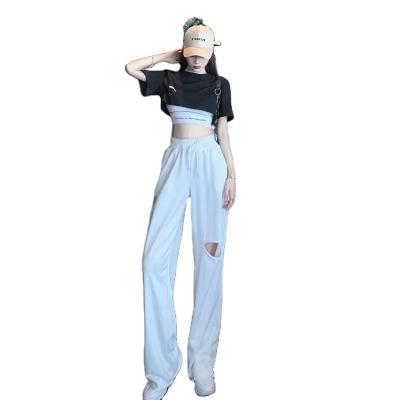 China Anti-wrinkle 2021 spring and autumn new sports ripped casual pants fashion large size high-waist wide-leg casual pants wiping for sale