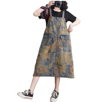 China Spring/summer 2021 new age-reducing print denim dress design loose plus size loose sense suspender skirt QUICK DRY printed denim dress for sale