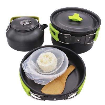 China Camping Equipment 9Pcs Aluminum Non-stick Teapot Kettle Rising Outdoor Cooking Set With Carry Bag for sale