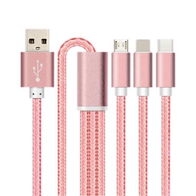 China Mobile Phone Woven One Tow Three Data 3 In 1 Micro USB Cable Type C Charger Cable Charging for sale