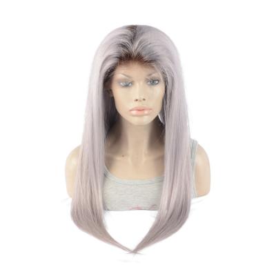 China New Fashion Straight Gray Color Full Lace Human Hair Wig With Dark Root Pre Plucked Natural Hairline For Black Women for sale