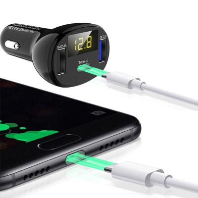 China Type-C Car Charger Adapter USB LED Realtime Display QC3.0 Left Led Real Time Dual Show Voltage Battery Car Phone Charger for sale