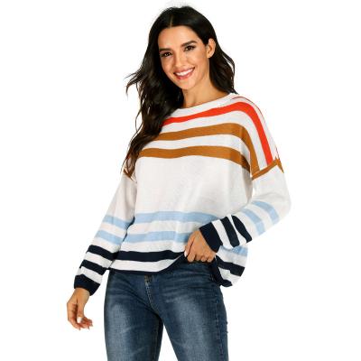 China All Season Anti-Wrinkle OEM/ODM Ladies Fashion Sweater Striped Patchwork Loose Round Neck Knit Pullover Sweater for sale