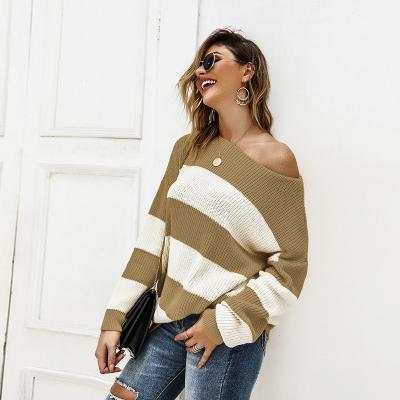 China Anti-Wrinkle OEM/ODM Computer Knitted O-Neck Sweater Polyester Striped Ladies Fashion Sweater for sale