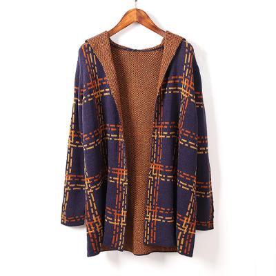 China Anti-wrinkle Autumn And Winter Long Sleeve knitted Hoodie cardigan sweater plaid jacket long knitted sweater plus size women cardigan for sale