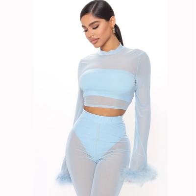 China Viable Wholesale Transparent Mesh Women's Suit Plush Sleeve Conjuntos Femininos Temperament Blue Pants Suit for sale