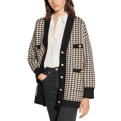 China Anti-wrinkle UG Customized Side Pockets Buttons Deep V-Neck Jacquard Houndstooth Sweater Knitting Cardigan For Women for sale