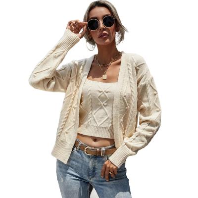 China Anti-wrinkle New Arrivals Sweater Set Knit Crop Top Vest And Long Sleeves Cardigan Women Knitwear 2 Piece Sets for sale