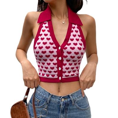 China QUICK DRY ug knitted crop top neck sleeveless ladies summer sexy tops heart shaped women halter sweater for sale