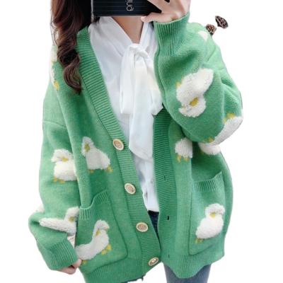 China Anti-wrinkle Ug Spring Knitted Cardigan Female Streetwear Loose Knit Sweater Coat Cute Cartoon Print V-Neck Knitted Cardigan Women Jacket for sale