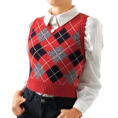 China Argyle Sweater Vest Women Sleeveless Vintage V-Neck Summer Summer Anti-Wrinkle Fashionable Plaid Knitted Culture Blouse Sweaters Invest for sale