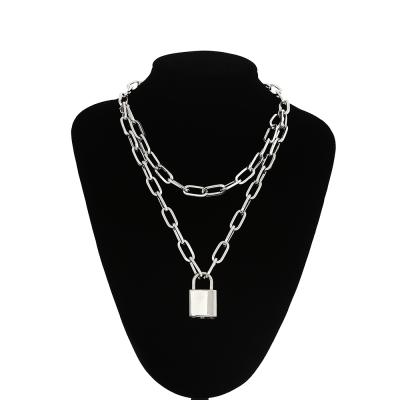 China Simple Fashion Necklace Women Silver Plated Chain Jewelry Customize Double Layer Lock and Key Pendant Necklaces for sale