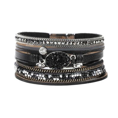 China Wholesale Custom Black Leather Wrap Clasp Magnet Punk Leather Bangle Bracelet for sale