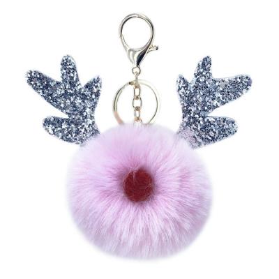 China Fashion Cute Rabbit Fur Ball Pom Pom Elk Christmas Keychain For Car Key Ring Handbag Tote Bag Pendant for sale