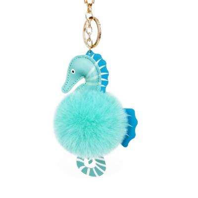 China Fashion Faux Fur Fuzzy Sea Hippocampus Pom Pom Fluffy Key Chain For Women And Girls for sale