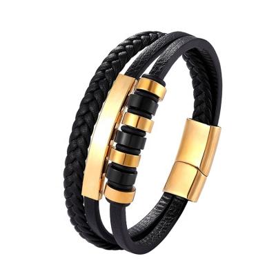 China Men Stainless Steel Bracelet Environmental Friendly Genuine Leather Multilayer Handmade Braided Bracelet for sale