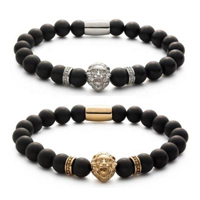 China TRENDY 8mm Frosted Black Agate Beaded Stainless Steel Lion 18k Gold For Men's Bracelet for sale