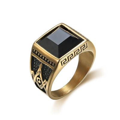 China CLASSIC Popular Antique Stainless Steel Gold With Black Stone Freemasonry Agate Masonic Rings for sale