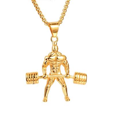 China FASHIONABLE Mens Fitness HipHop Necklace Stainless Steel Hercules Weightlifting Barbell Pendant Necklace for sale