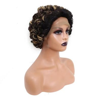 China Pure Original Natural Hair Wanda Pixie Cut Wig Short Curly Human Hair Wigs Cheap 13X1 Transparent Lace P1B 27 highlight Pixie Lace Front Wig For Women for sale