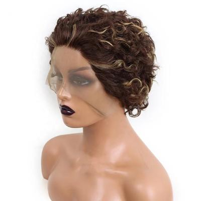 China Cheap Transparent Women Lace 13X1 P4/27 Pixie Lace Front Wig For Hair Wanda Pixie Cut Wig Short Curly Original Pure Natural Hair Wigs for sale