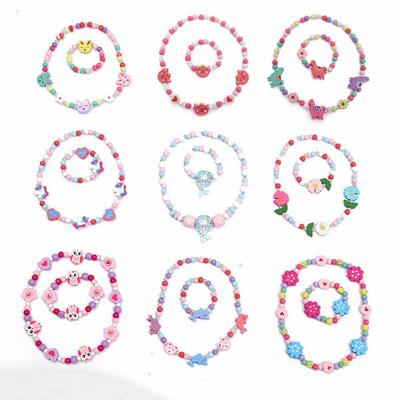 China Cute Cute Cartoon Pattern Charm Necklace Bracelet Sets Natural Wooden Beads For Kids Toys Girl Birthday Gift Jewelry Sets for sale