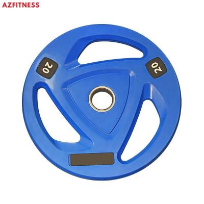 China Professional Durable Three Holes Hand Weight Logo Rubber Barbell Bumper Plates Custom Color Competition Training Gym 10kg for sale