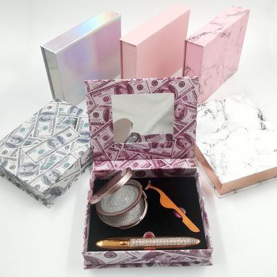 China Handmade no logo lash box with tweezers mirror inside custom real box FO 3d 5d 6d mink eyelash eyeliner packaging box set for sale