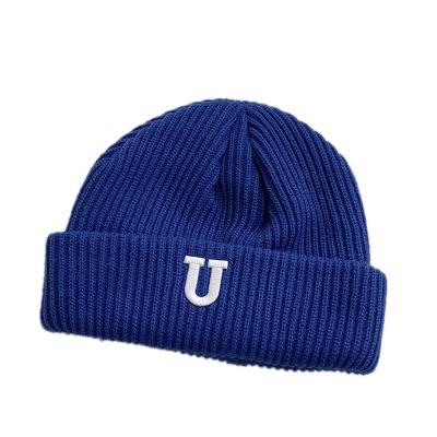 China COMMON Embroidered Letter Beanie With Fold Simple Plain Beanie With Letter Embroidered of U for sale