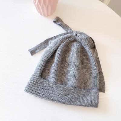 China Bow Beanie Gray Slouchy Beanie With Dobby Rabbit Fur Hat Plush Top for sale