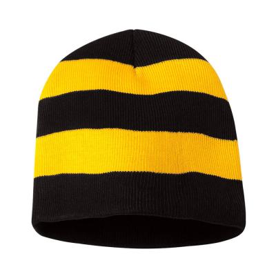 China Custom Dobby Mens Black With Yellow Stripe Beanie Winter Knit Striped Beanie With Solid Strip for sale