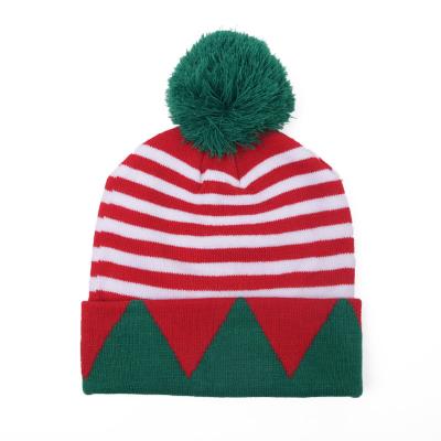 China COMMON Red and Green Winter Pom Hat Knit Jacquard Christmas Beanie Christmas Cuff Knit Christmas Tree Hat for sale