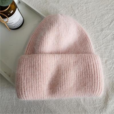 China JOINT Beanie Hat With Cuff Light Pink Rabbit Fur Slouchy Ribbed Beanie for sale