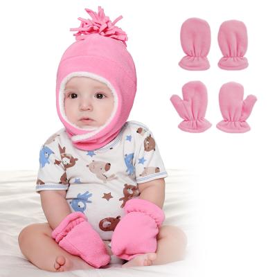 China Medium Newborn Boys Girls Knit Hat Winter Earflap Hat Gloves Set Winter Warm Fleece Set for sale