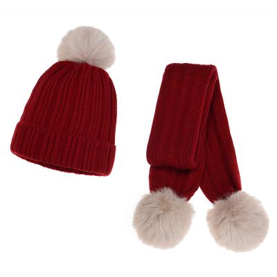 China Double Medium Pompom Hat Babies Pompom Scarf Winter Set for sale