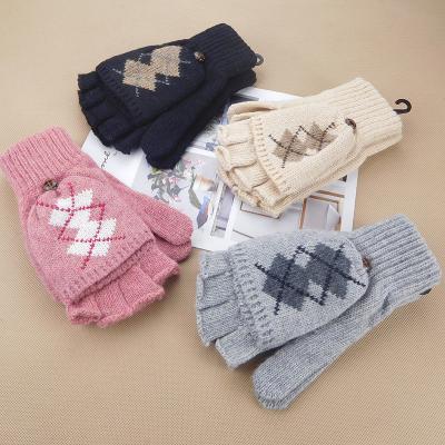 China Jacquard Women's Jacquard Pleat Back Gloves Knit Convertible Mittens Fingerless Cuffed Gloves for sale