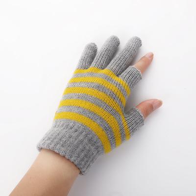 China Gray And Yellow Stripe Knit Striped Touch Screen Fingerless Gloves for sale